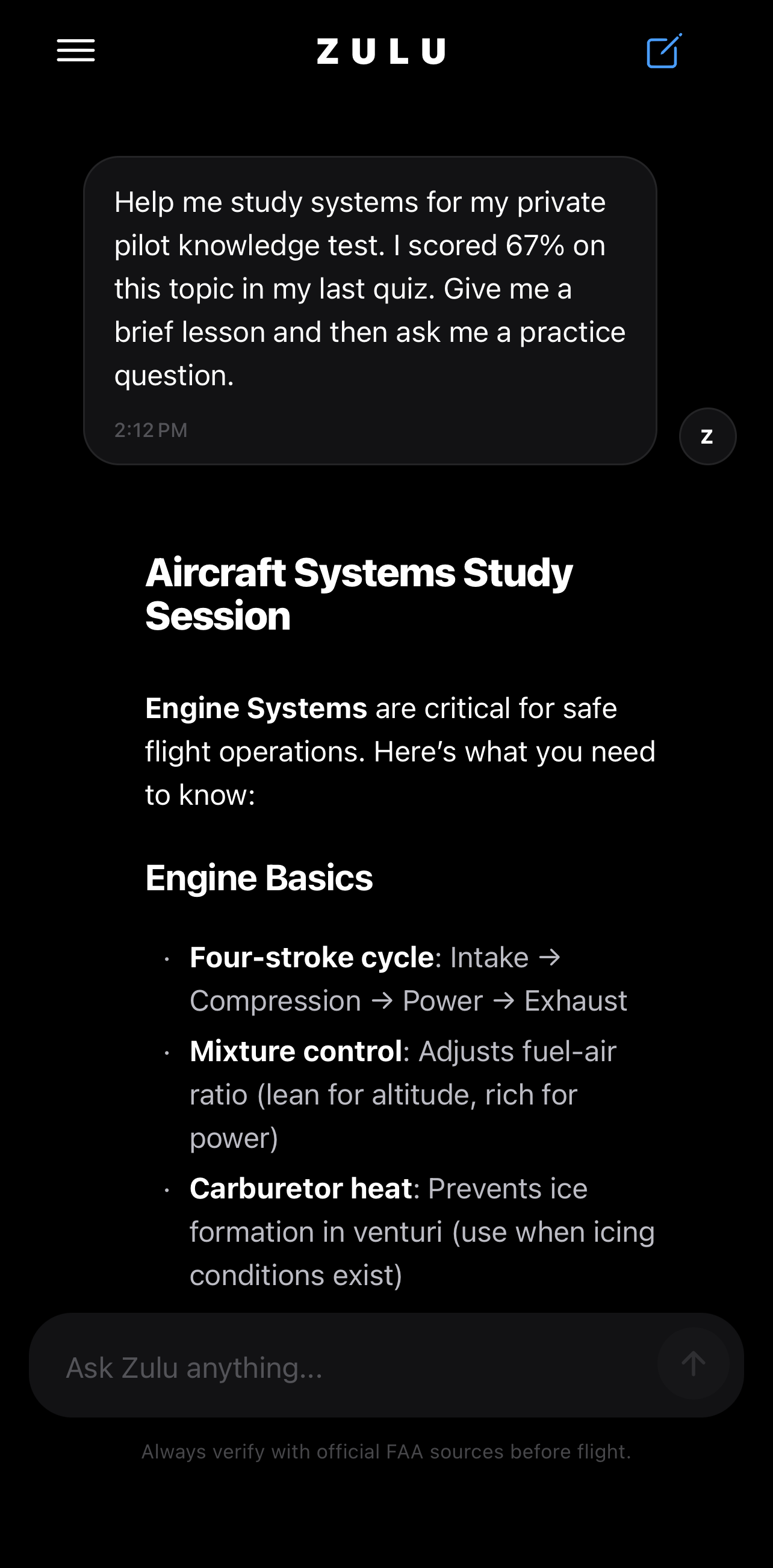 Zulu's AI chat answering an aircraft systems study question