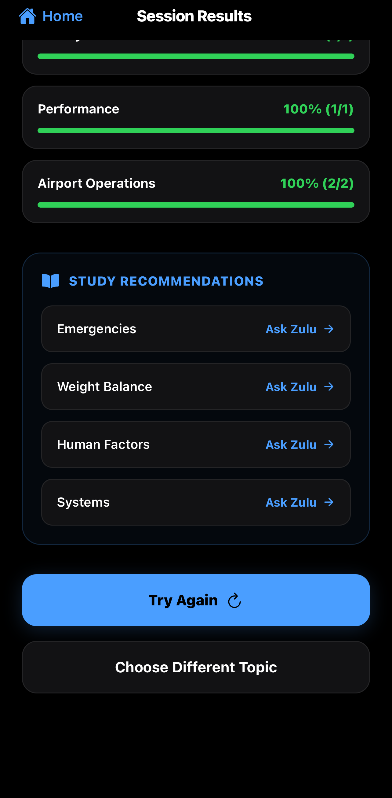 Zulu study recommendations with an Ask Zulu link on each topic